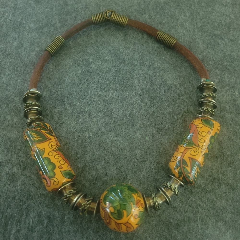 Boho Painted Floral Bead Statement Necklace Metal Tone Brown Cord 15.5in